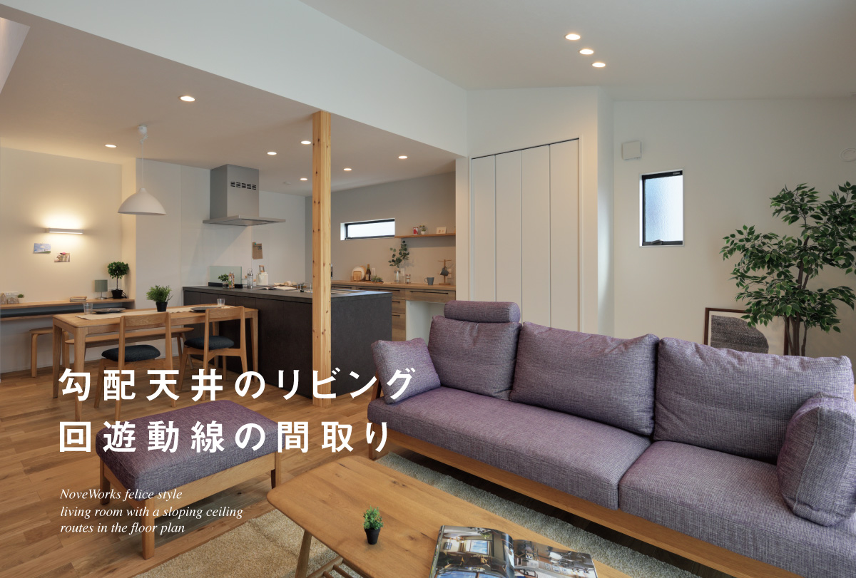 勾配天井のリビングと回遊動線の間取り