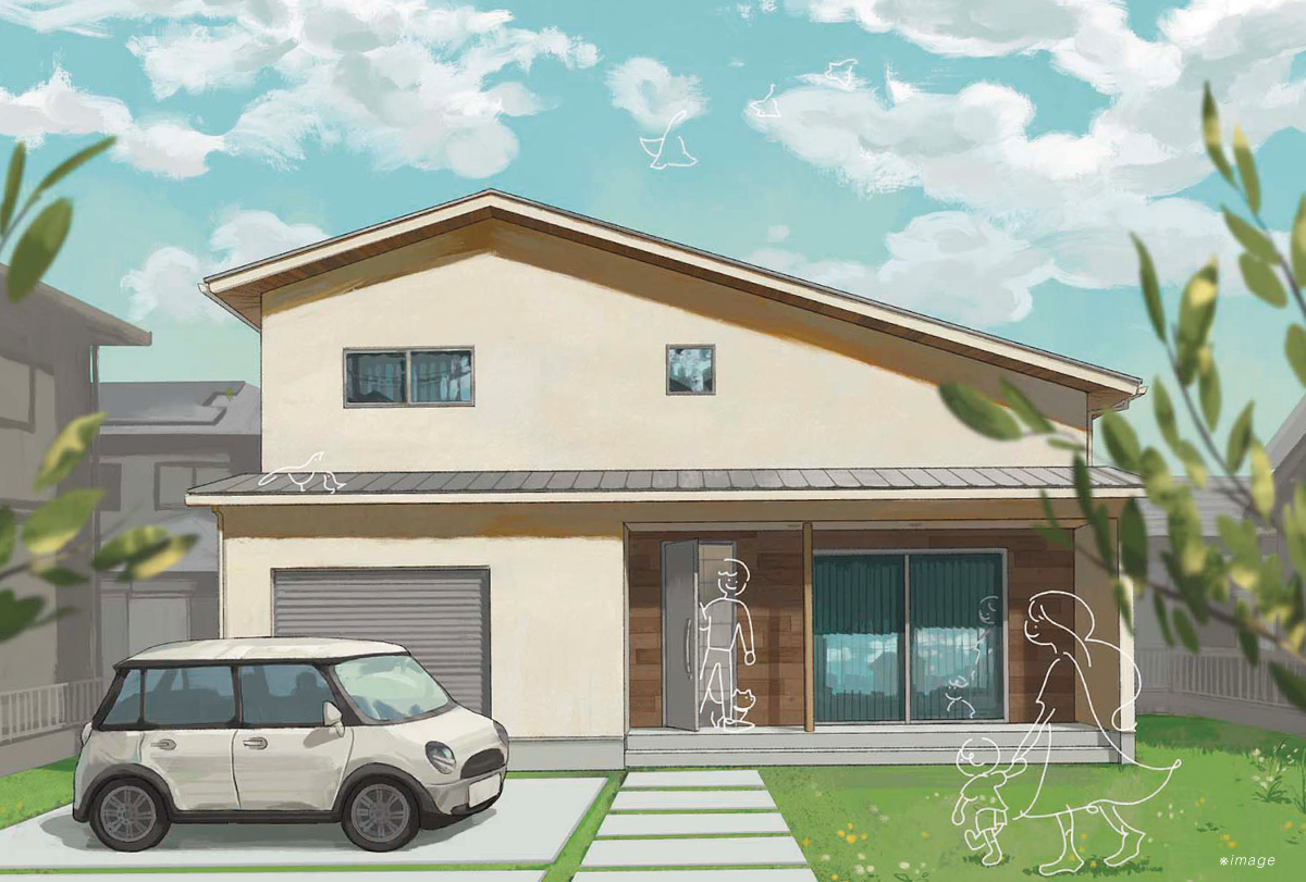 愛車を守るインナーガレージとLDKが土間で繋がる　アウトドア志向な大屋根の住まい