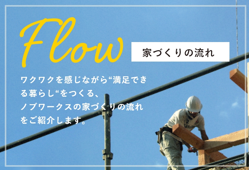 Flow 家づくりの流れ ワクワクを感じながら”満足できる暮らし”をつくる、ノブワークスの家づくりの流れをご紹介します。